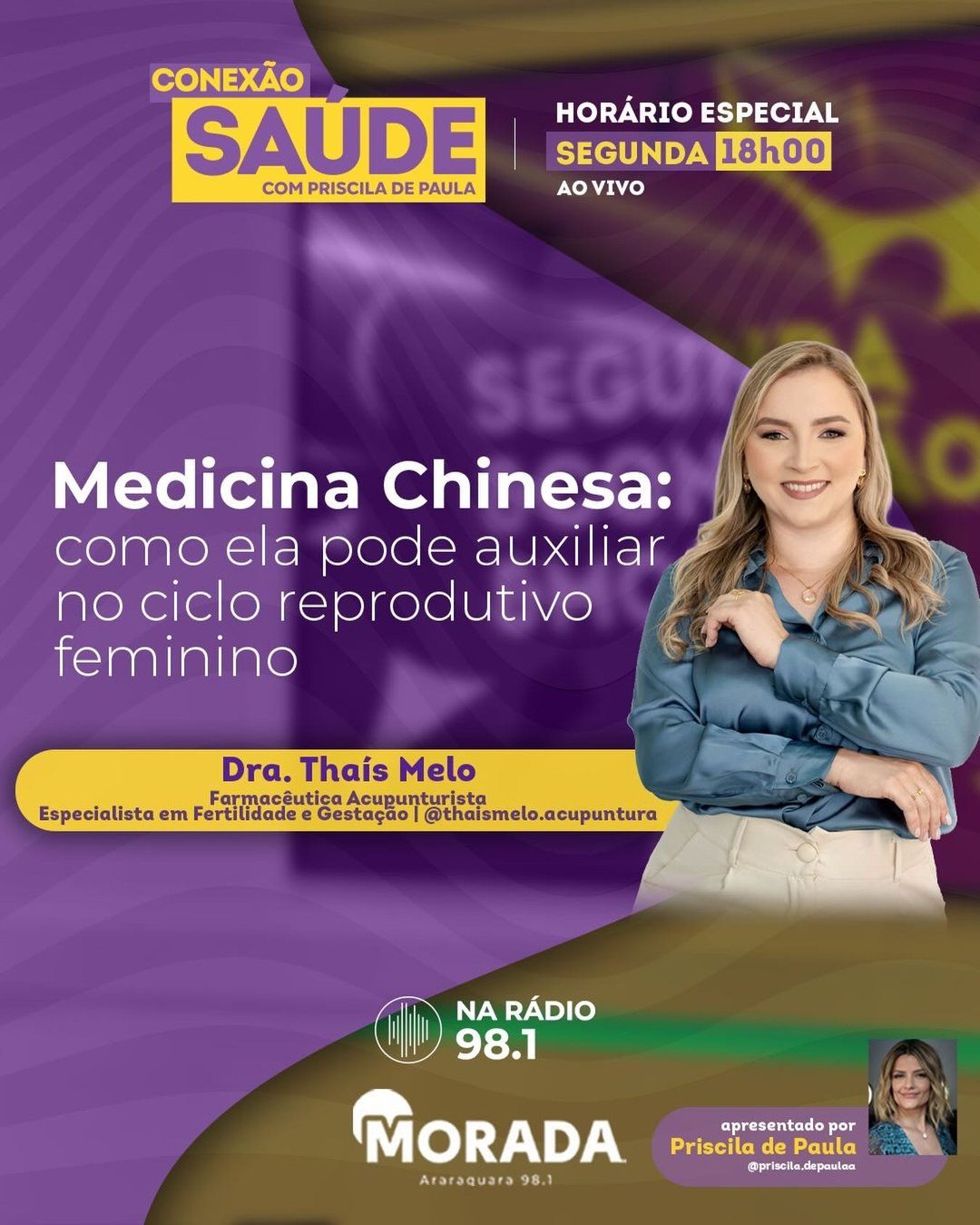Card do Conexão Saúde na Rádio Morada com Thaís Melo: Medicina Chinesa e o ciclo reprodutivo feminino