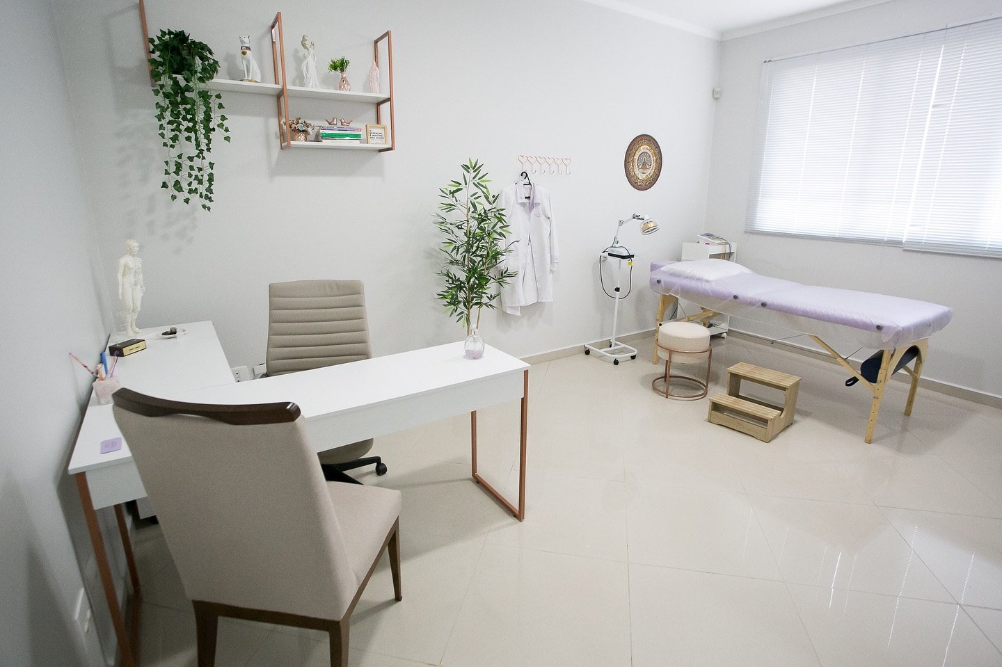 Consultório de acupuntura da Thaís, com maca lilás, mesa e plantas